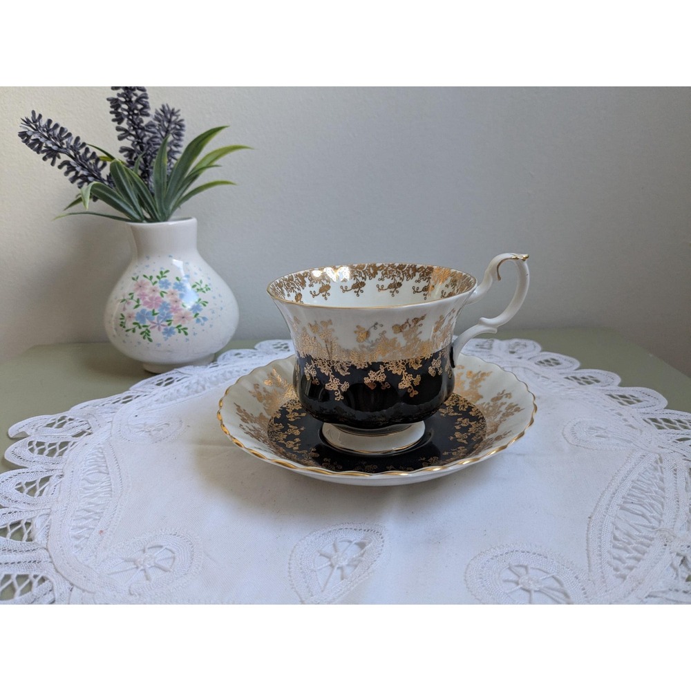Royal Albert Regal Series Teacup and Saucer, Black and Gold Bone China Tea Cup